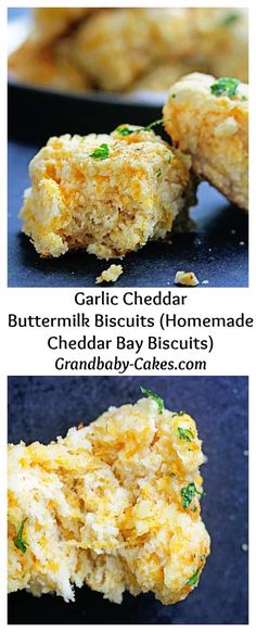 three different views of some food on a black plate and in the middle one shows buttermilk biscuits