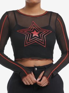 Stand out in the crowd with this edgy twofer! Featuring a mesh  cropped long-sleeve top with a red star aura design on the chest and contrast stitching throughout. Comes with thumbholes and lettuce trimming  plus a cami underneath.95% polyester; 5% spandexWash cold; dry lowStretchy materialLength: 28''ImportedListed in junior sizesModel is 5'9''Model wears size Small Mesh Long Sleeve Shirt, Red Black Outfits Aesthetic, Clancy Tour Outfit, Red And Black Concert Outfit, Kam Aesthetic, Nate Aesthetic, Red Concert Outfit, Billie Outfits, Star Aura