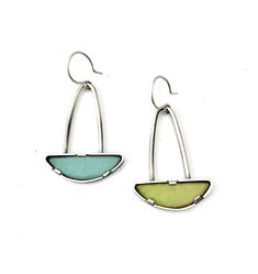 Silver Earrings - Chartreuse and turquoise vitreous torch enameled half circles are set in heavy walled silver bezels with tabs. These dangle and rock back and forth on a round silver wire like a boat on the water. All silver is oxidized sterling. <br><br>Sterling silver ear wire. Modern Sterling Silver Earrings With Cabochon, Modern Green Oval Earrings, Modern Green Enamel Jewelry, Turquoise Soldered Sterling Silver Earrings, Modern Nickel-free Enamel Jewelry, Modern Enamel Jewelry With Matching Earrings, Modern Enamel Jewelry With Pierced Details, Green Modern Sterling Silver Earrings, Modern Green Sterling Silver Earrings