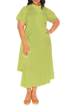 Crisp ruffles and rippled ruching trim the bodice of this poplin dress designed with puff sleeves and an asymmetric hem. Mock neck Short sleeves 70% cotton, 27% nylon, 3% spandex Hand wash, line dry Imported Green Midi Dress With Asymmetrical Hem And Ruched Details, Green Midi Dress With Ruched Asymmetrical Hem, Green Ruched Midi Dress For Daywear, Asymmetric Ruffle Dress, Rollerball Perfume, Poplin Dress, Beauty Sale, Fragrance Design, Fabric Gifts