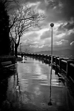 a black and white photo of a bench on a rainy day near the water's edge