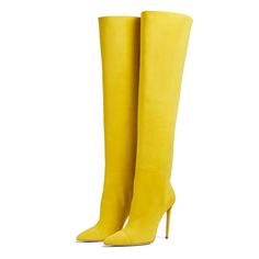 Tall High Ankle Party Boots, Tall Knee-high Boots With Round Toe For Party, Tall Boots For Spring Party, Party Mid-calf High Heel Boots, Spring Party High Boots, Spring Party Tall Boots, Gold Pointed Toe Knee-high Boots For Party, Yellow Pointed Toe Heels, Spring Party Knee-high Boots With Round Toe