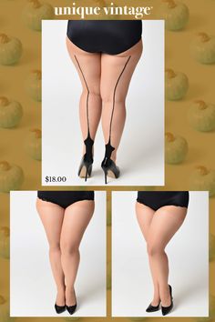 A striking staple in every woman's wardrobe! These sheer nude spandex pantyhose feature a black contrast backseam and cuban heel detail. Classically fabulous! . . Plus size, available while supplies last. | Plus Size Nude & Black Sheer Cuban Heel Pantyhose Sheer Fitted Bottoms For Fall, Sheer Stretch Bottoms For Fall, Stretch High-cut Leg Hosiery For Party, Chic Hosiery For Spring Night Out, Plus Size Nude, Cuban Heels, Women's Wardrobe, Every Woman, Unique Vintage