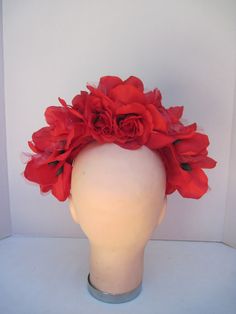 * A versatile headpiece this vibrant red rose fascinator can be worn all year round from now to Halloween to Christmas to Valentine's Day and any events in between! * The roses are nestled together to form the traditional halo affect and the pieces is well balanced, secure and comfortable to wear. * It has been designed on an acrylic headband covered in grosgrain ribbon. * Great for a Bridesmaid's headpiece, this can be made in any color desired. Wear it for Halloween, Ladies Luncheon, Benefit D Red Headband Costume Accessories For Party, Red Flower Hair Accessories For Party, Red Flower Headband With Handmade Flowers, Red Flower Fascinator For Party, Adjustable Red Fascinator With Handmade Flowers, Red Handmade Flower Hair Accessories For Party, Red Headpieces With Handmade Flowers, Adjustable, Red Handmade Flowers Headband For Party, Red Headband With Handmade Flowers For Party