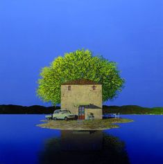 a painting of a tree on an island with a car parked in front