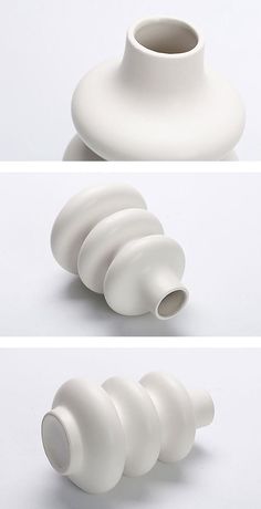 three different views of white vases on a white surface