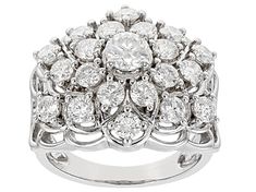 Moissanite Fire® 2.50ctw diamond equivalent weight round brilliant cut, Platineve® ring. Measures approximately 3/4" L x 1/16" W and is not sizeable. Actual moissanite weight is 2.21ctw. Treasure Chest, Cluster Ring, Round Brilliant, Ring