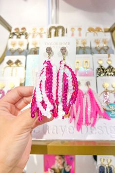 Handmade with love, these statement earrings are perfect for Valentine's Day or Spanish Town Parade! Trendy Tassel Dangle Earrings, Trendy Tassel Earrings With Dangling Beads, Trendy Party Tassel Earrings With Dangling Beads, Trendy Tassel Earrings With Dangling Beads For Party, Trendy Beaded Tassel Earrings For Party, Trendy Pink Tassel Earrings For Party, Spanish Towns, Fuchsia Color, Handmade With Love