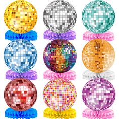 several disco balls with ribbons and bows on white background stock photo - budget cut outs