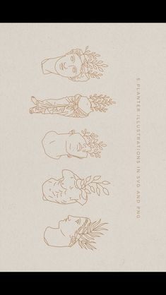 three drawings of people with flowers in their hair