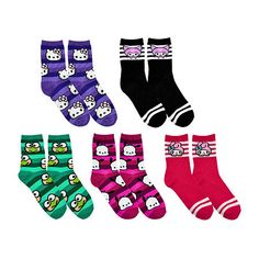 This 5-pack of Hello Kitty crew socks for women are a cute wardrobe essential for Hello Kitty fans. This multi-pack includes 5 pairs of crew socks in assorted colors and patterns featuring the Hello Kitty characters, making them perfect for everyday styling with shoes or for wearing around the house. # Pieces In Set: 5 PairFeatures: Multi-PackCharacter: Hello KittyShoe Size Range: 4-10Fiber Content: 98% Polyester, 2% SpandexFabric Description: Yarn Dyed KnitCare: Machine Wash, Tumble DryCountry Color Hello Kitty, Kuromi Clothes, Socks Womens, Todays Outfit, Yarn Dyeing, Crew Socks, Some Fun, Hello Kitty, Socks