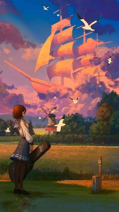 a painting of a girl looking at a ship in the sky