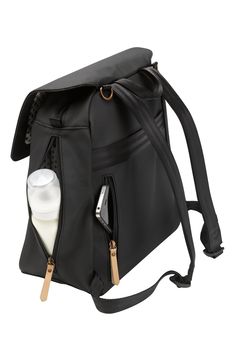 a black leather bag with two bottles and spoons in the front, on a white background