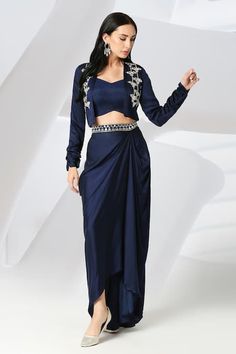 Buy Adamantia Blue Placement Embroidered Jacket Draped Skirt Set Online | Aza Fashions Grammy Awards Red Carpet, Trendy Outfits Indian, Draping Fashion, Desi Fashion Casual, Fancy Dresses Long, Indian Dresses Traditional, Traditional Indian Outfits, Trendy Dress Outfits, Beautiful Dress Designs