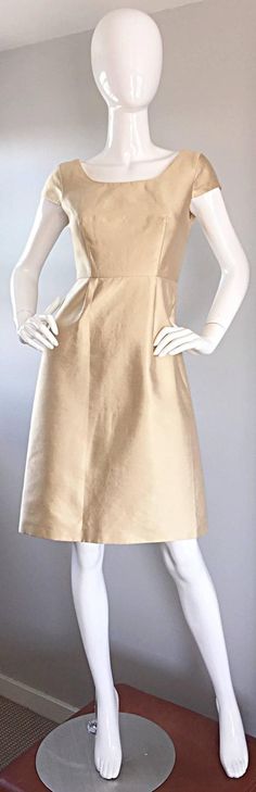 Badgley Mischka Light Gold Fit and Flare 50s Style Flattering Silk Dress Gold A-line Silk Dress, Elegant Gold A-line Dress, 1950s Style Formal Silk Dress, 1950s A-line Formal Dress, 1950s Silk Cocktail Dress, 1950s Style Silk Cocktail Dress, Elegant Knee-length Gold Dress, Gold A-line Evening Dress, Elegant Full Skirt Dress For Vintage Events