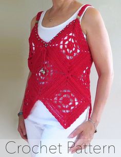 Crochet Tank Top PATTERN /Boho Summer Top / Granny Square | Etsy Red Bohemian Crochet Top For Spring, Bohemian Summer Vacation Patterns, Bohemian Granny Square Crochet Top For Beach, Summer Festival Crochet Patterns, Summer Festival Crochet Top With Granny Square, Bohemian Vacation Patterns, Bohemian Crochet Patterns For Vacation, Bohemian Beach Patterns For Spring, Crochet Lace Patterns For Beach And Spring