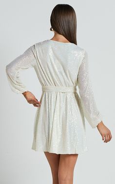 Three Of Us Mini Dress - Long Sleeve Wrap Dress in White Sequin | Showpo USA Long Sleeve Wrap Dress, Sequin Mini, Party Looks, Plunging Neckline, Dress Long, Waist Tie, Wrap Dress, Sequin, Women's Dress