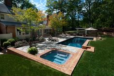 a backyard with a swimming pool surrounded by lawn furniture