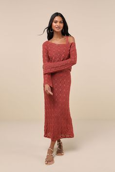 The fall season calls for extra-adorable looks like the Lulus Doubled Up Cutie Rust Red Crochet Two-Piece Sweater Midi Dress! Open weave crochet knit shapes this versatile two-piece dress that features a sweater top with a boat neckline, slightly cropped bodice, and subtle bell sleeves with drop shoulders. Matching dress has slender straps that support a straight neckline, sleeveless bodice, and a figure-skimming silhouette. Slightly flared midi hem completes the look. Fit: This garment fits tru Summer Long Sleeve Crochet Dress In Pointelle Knit, Spring Long Sleeve Pointelle Knit Crochet Dress, Spring Long Sleeve Pointelle Crochet Dress, Spring Long Sleeve Crochet Dress With Pointelle Knit, Long Sleeve Open Knit Crochet Dress For Fall, Summer Long Sleeve Pointelle Knit Dress, Summer Pointelle Knit Long Sleeve Dress, Casual Long Sleeve Open Knit Dress, Casual Open Knit Crochet Dress For Fall