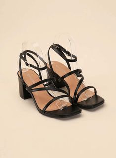 These low heels add a cool, modern edge to any outfit. With a square, open toe and a stylish block heel, these versatile sandals are a must-have for your summer wardrobe. The elegant strappy look will instantly elevate any look. Type: Sandals Pattern type: Solid Style: Chic Toe: Square, open toe Heel height: Low heels Heel shape: Block heels Material: Synthetic Imported Low Strappy Heels, Heels With Small Heel, Prom Heels Low, Sandals For Dresses, Small Black Heels, Hoco Heels, Small Heels, Open Shoes, Ball Shoes