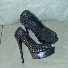 These Are Brand New Without Tags Or Box. Spiked Closed Toe Heels For Night Out, Party Spiked Open Toe Heels, Fitted Spiked Round Toe Heels, Studded Open Heel Party Heels, Party Spikes Open Toe Heels, Spiked Open Toe Party Heels, Studded High Heels In Synthetic Material, Glamorous Spiked Round Toe Heels, Steve Madden Silver Rhinestone Heels