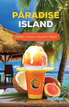 the cover of paradise island mango and guava coconut ice cream, with a slice of watermelon