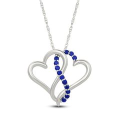 Two hearts collide in the prettiest way in this sweet and shimmering necklace. Sterling silver Two open hearts are entwined in the polished pendant Along the center, a curved ribbon of round blue lab-created sapphires shines 18-inch rope chain; spring ring clasp Sapphire Jewelry For Valentine's Day, Sapphire Heart Pendant Jewelry For Valentine's Day, Sapphire Heart Pendant Necklace In Sterling Silver, Sapphire Heart Pendant For Anniversary, Sapphire Sterling Silver Heart Pendant Necklace, White Gold Double Heart Necklace With Birthstone, Elegant Blue Heart Necklace For Mother's Day, Sapphire Heart Pendant Necklace With Heart Charm, Silver Open Heart Birthstone Necklace