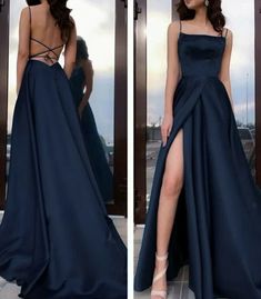 Women's A-Line/Princess Satin Evening Party Gowns Spaghetti Straps Sleeveless Formal Prom Dresses Long A283 on Storenvy Navy Prom Dress Long, Navy Prom Dresses, Trendy Prom Dresses, בר מצווה