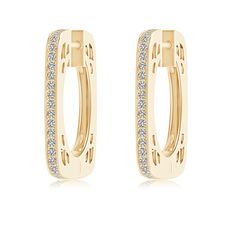 These stylish square hoops adorned with sparkling diamonds exude a contemporary look. The diamonds are encrusted in stunning 14k yellow gold pave settings. Designed with cutwork on the lustrous metal, these diamond square hoop earrings with hinged clips provide an appealing side view. Modern Diamond White Huggie Earrings With Diamond Accents, Modern Diamond Huggie Earrings With Accents, Modern Diamond Huggie Earrings With Diamond Accents, Modern Gold Diamond Earrings With Pave Setting, Luxury Rectangular Diamond Earrings, Luxury White Gold Diamond Earrings Rectangular, Luxury White Gold Diamond Earrings In Rectangular Shape, Luxury White Gold Rectangular Diamond Earrings, Luxury Gold Huggie Earrings Channel Set