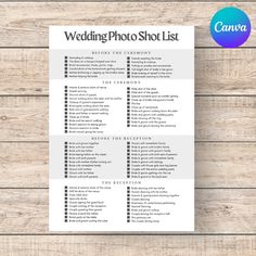 the wedding photo list is shown on top of a wooden table