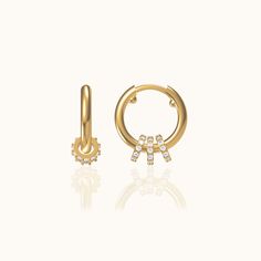 Deco Gold Tiny Round Charm Drop CZ Pave Triple Circle Drop Hoop Earrings by Doviana Forward Helix Earrings, Drop Hoop Earrings, Conch Earring, Flat Back Earrings, Tragus Earrings, Delicate Earrings, Single Earring, Faceted Crystal, Affordable Luxury