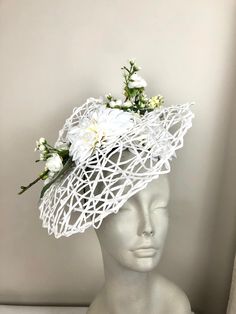 "Kentucky Derby- Horse Race-Flower Garden Fascinator- Ladies Luncheon hat- Flower Headband- Wedding - Day at the Races- Polo Match Hello,     Perfect for a tea party, wedding, ladies' lunch, bridal or baby tea party or a day at the races!    Off white flowers match many outfits! This fascinator has a about 14\" diameter.... flowers are placed on along the center.  Two large white dahlias (6\")  and assorted spring blossoms And greenery . It's on a skinny 1/8' matching satin covered headband that Fitted White Hats For Weddings, White Fitted Hat For Wedding, Summer Ceremony Hats And Headpieces, Elegant Summer Fascinator For Ceremony, Curved Brim Costume Hats And Headpieces For Summer Ceremonies, Fitted White Brimmed Costume Hat, Elegant Summer Ceremony Fascinator, Fitted Costume Hat With Curved Brim For Ceremonies, Fitted White Ceremony Headpiece