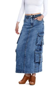 Take a bit of outdoor attitude on your city adventures in this faded-denim maxi with four roomy cargo pockets to stylishly stash your day's essentials. 38" length Zip fly with button closure Front scoop pockets; back snap-flap patch pockets; cargo flap-bellows pockets 95% cotton, 4% polyester, 1% spandex Machine wash, tumble dry Imported Utility Style Medium Wash Denim Skirt, High Rise Denim Cargo Skirt In Medium Wash, Utility Style High Rise Denim Skirt, High Rise Denim Blue Utility Skirt, Blue Denim Utility Skirt, High Rise Medium Wash Denim Cargo Skirt, Casual High Rise Cargo Skirt In Medium Wash, Casual Denim Cargo Skirt In Blue, Trendy Medium Wash Cargo Skirt With Pockets