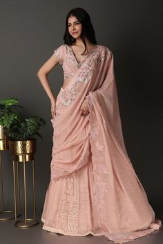 Pink pre-draped lucknowi lehenga saree with floral cutwork embroidery. Paired with a floral embroidered padded blouse and petticoat with attached cancan. - Aza Fashions Traditional Pink Draped Lehenga, Traditional Draped Pink Lehenga, Eid Anarkali Draped Choli, Fitted Draped Wedding Lehenga, Draped Resham Embroidery Choli For Reception, Draped Choli With Resham Embroidery For Reception, Draped Cutdana Lehenga For Reception, Fitted Draped Lehenga With Cutdana, Semi-stitched Draped Lehenga For Eid