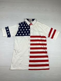 Antigua Mens Large American Flag Polo Shirt. Measurements are provided in the pictures. One small blemish pointed out. @2 Style Reference, American Flag Shirt, Flag Shirt, American Flag, Men's Polo Shirt, Polo Shirt, Flag, Mens Tops, Closet