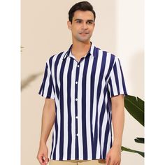 The summer-beach shirt features a color block and a stripe design, it is fashionable. Made of soft and breathable fabric, this shirt gives you a comfortable experience in summer. Pair the stripe beach shirt with casual pants or board shorts for a summer casual look. Available in multiple colors, it is a wardrobe necessity for summer. It is also and a good choice for vacation. Casual Blue Shirt With Vertical Stripes, Blue Beachwear Shirt For Vacation, Blue Shirt With Horizontal Stripes For Summer, Navy Button-up Shirt For Summer, Casual Blue Shirt With Horizontal Stripes, Navy Short Sleeve Shirt For Summer, Casual Blue Horizontal Stripe Shirt, Casual Blue Shirt With Contrast Stripes, Casual Navy Shirt For Vacation