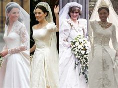 four different pictures of the same brides in wedding dresses and tiaras, from left to right