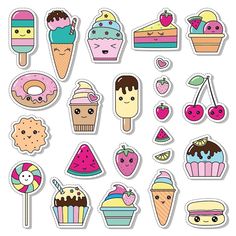 an assortment of stickers that include ice cream, donuts and other desserts