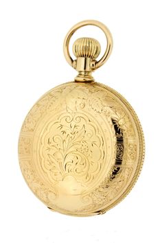 This vintage pocket watch was made back in 1902.It's a solid 14 karat yellow gold case with a majestic stag engraved on the back of the watch and a blank shield on the front that can be engraved. This wonderful timepiece was made by Hamilton watch company, is a 17 jeweled movement that is lever set that is marked 9197 and 225577.The dial of the watch has Roman numerals and the timepiece features a movable bow. The case of the watch is lso detailed with bold floral patterns and ferns.The case of Heirloom Engraved Yellow Gold Pocket Watch, Antique Yellow Gold Pocket Watch With Polished Finish, Victorian Engraved Gold Watches, Heirloom Gold Engraved Watch, Luxury Gold Engraved Pocket Watch, Engraved Yellow Gold Pocket Watch Collectible, Luxury Gold Pocket Watch With Locket, Heirloom Yellow Gold Medallion Pocket Watch, Collectible Gold Pocket Watch With Polished Finish