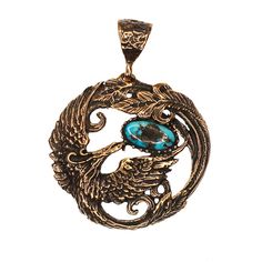 (OOAK012) Bronze and Turquoise Phoenix Pendant Symbolic Engraved Copper Jewelry, Symbolic Bronze Brass Jewelry, Symbolic Bronze Pendant Jewelry, Symbolic Large Oval Pendant Jewelry, Symbolic Jewelry With Large Oval Pendant, Bronze Symbolic Jewelry With Antique Finish, Symbolic Antique Bronze Jewelry, Symbolic Bronze Jewelry With Antique Finish, Symbolic Antique Finish Bronze Jewelry