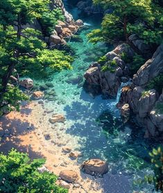 an aerial view of a river surrounded by rocks, trees and water in the foreground