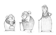 three cartoon characters sitting in chairs, one with a cane and the other wearing glasses