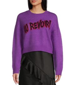 From GB&#x2C; this sweater features:Crew necklineLong sleevesRibbed cuffs"Au Revoir" verbiage on the frontApprox. 20" length from shoulder to hemPullover stylingAcrylic/polyester/spandexHand wash cold/dry flatImported. Bdg Purple Sweater, For Love & Lemons Purple Sweater, Graphic Sweaters, Classic Wardrobe Staples, Dillard's, Pullover Styling, Perfect Outfit, Wardrobe Staples, Sweater Top