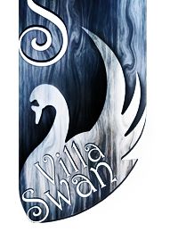 a black and white sign with a swan on it's side that says billow