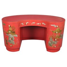 This is a very unique desk. The desk is paint decorated in chinoiserie Chinese painted figures in Chinese pastural settings. The desk Measures 60 wide x 31 deep x 30.5 tall. The desk is in good condition with minor scuffing from vacuum bumpers hitting the bottom of the desk and minor abrasions on drawers. Dates to the 1950s era. Kidney Shaped Desk, Hollywood Regency Interior, Blue Writing Desk, Leather Top Desk, French Country Glam, Chinoiserie Table, Ladies Writing Desk, Red Desk, Antique Writing Desk