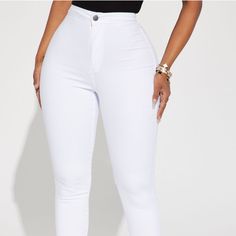 White Skinny Jeans From Fashion Nova Never Worn High Waist White Stretch Jeans, White Non-stretch Denim Pants, White Stretch Denim Bottoms, White Casual Jeggings For Spring, White Stretch Denim Jeans, White Non-stretch Mid-rise Jeans, Non-stretch White Mid-rise Jeans, Slim Fit Solid Jeans For Spring, Chic High Waist Denim Jeggings