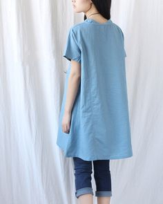 Summer shirt linen long shirt by MaLieb on Etsy Cotton V-neck Top With Rolled Sleeves, Casual Short Sleeve Shift Top, Cotton V-neck Blouse With Pockets, Summer Plain Cotton Blouse, Plain Cotton Summer Blouse, Relaxed Fit Plain Blouse, Plain Cotton Blouse For Summer, Casual Cotton Tunic Shirt, Cotton Short Sleeve Blouse With Pockets