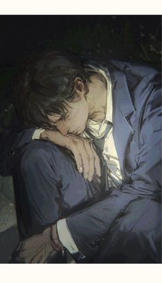 a painting of a man sleeping on the ground with his head in his hands while wearing a suit and tie