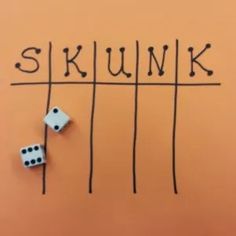 two dices sitting on top of each other near the word skunk