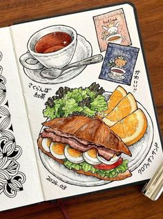 an open notebook with drawings of food and drinks on the pages, along with a cup of coffee